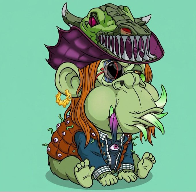 Digital cartoon illustration of a green monster-like creature wearing a purple dragon/dinosaur head as a hat and a jacket with eyes on it, sitting against a teal background.