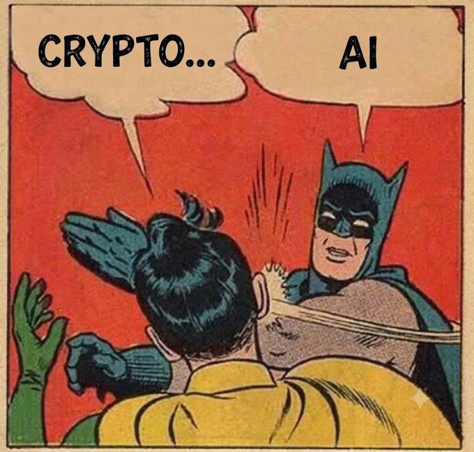 A vintage comic panel shows Batman slapping Robin, with Robin saying "CRYPTO..." and Batman interrupting with "AI" in a red speech bubble, humorously suggesting AI has supplanted crypto as the hot tech trend.