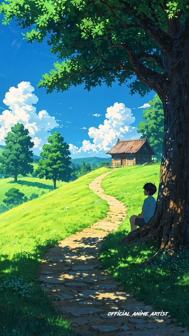 An anime-style landscape illustration showing a boy sitting at the base of a large tree beside a dirt path, looking toward a small house on a grassy hill under a blue sky, with the text 'OFFICIAL ANIME ARTIST'.