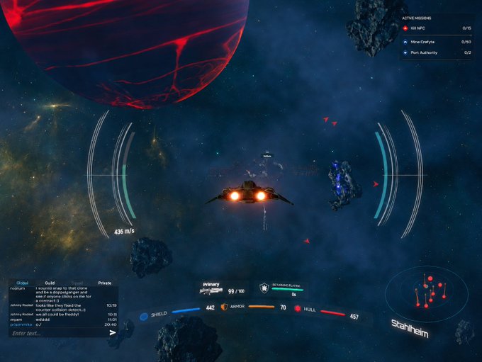 A screenshot of a space combat video game showing a spaceship flying past a red planet, with HUD elements including 'SHIP RANK: Pirate', 'Primary' weapons, shields, armor, hull stats, and 'Stahlheim' location.
