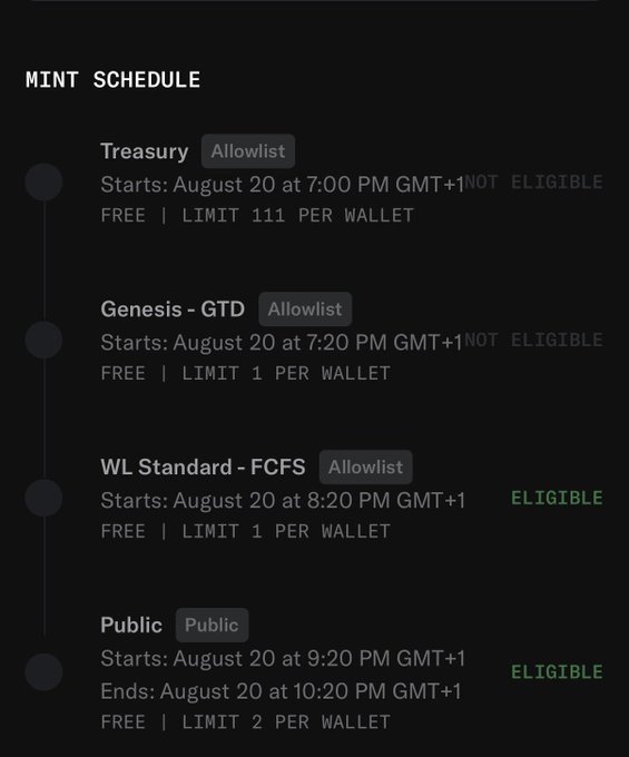 Mint Schedule listing four phases: Treasury (NOT ELIGIBLE), Genesis - GTD (NOT ELIGIBLE), WL Standard - FCFS (ELIGIBLE), and Public (ELIGIBLE), with all starting August 20 at varying times from 7:00 PM to 9:20 PM GMT+1.