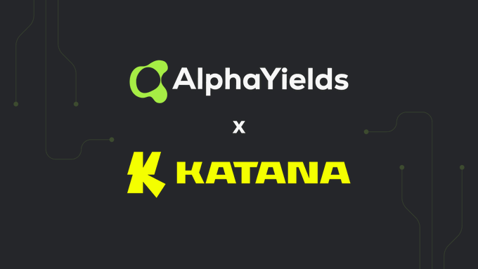 A graphic showing 'AlphaYields x KATANA' logos on a dark background with green circuit-like lines.