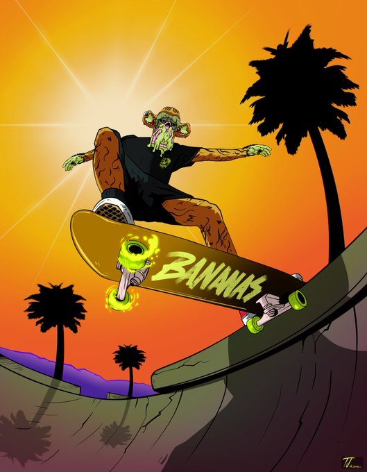 An illustration of a green-skinned zombie character skateboarding off a ramp at sunset, with 'BANANAS' written on the skateboard deck.
