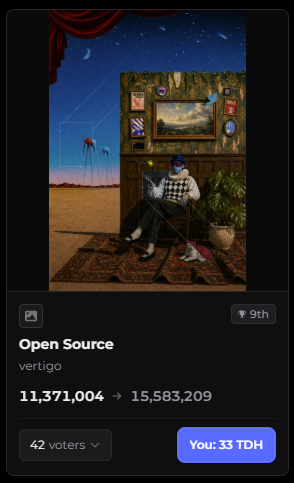 A screenshot showing an NFT or voting post titled 'Open Source' by user 'vertigo' with vote counts increasing from 11,371,004 to 15,583,209, featuring an image of a person sitting on a couch with multiple heads and a cat in a surreal room.