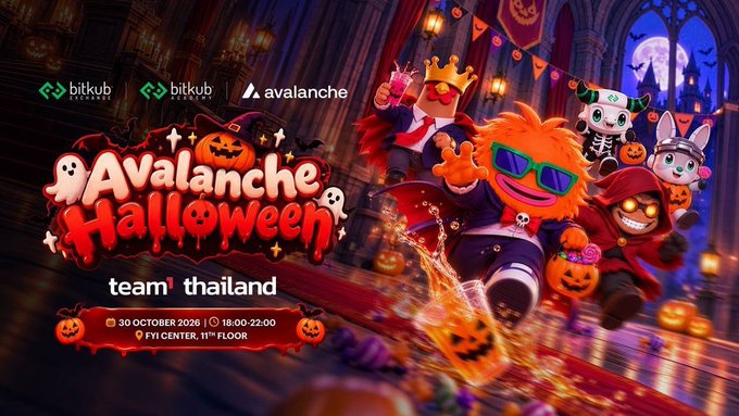 A vibrant Halloween-themed promotional poster titled 'Avalanche Halloween' with Bitkub and Avalanche logos, featuring cartoon characters in a castle setting with event details '30 OCTOBER 2026 | 18:00-22:00' at 'FYI CENTER, 11TH FLOOR' by 'team1 thailand'.