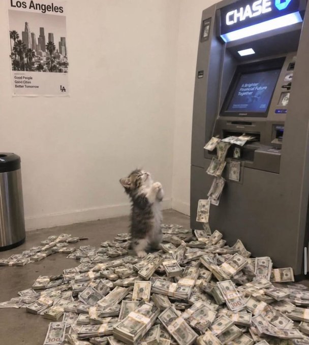 A small kitten stands on its hind legs reaching up in front of a Chase ATM machine that is dispensing hundred-dollar bills, with stacks and scattered bills covering the floor beneath a Los Angeles city poster.
