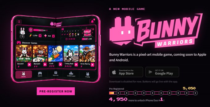 The image is a promotional banner for the upcoming mobile game "Bunny Warriors," featuring pink pixel-art graphics, a preview of the game's interface showing titles like "Baccarat," "Blackjack," "Crash," "Crowny Road," and "Horse Racing," and a pre-registration counter with 4,950 sign-ups working toward a goal of 5,050 to unlock an "iPhone Duo" reward. The accompanying post highlights the game's developer and its connection to a 6,666 NFT supply on Ethereum, aligning with the website's call for users to register early at bunnywarriors.com.
