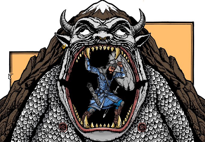 An artistic illustration depicting a warrior in blue armor emerging from the open, fanged mouth of a large horned creature, set against a mountain backdrop.