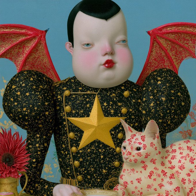 A stylized, surreal portrait of a pale figure with red lips wearing a black military-style jacket with a gold star and buttons, flanked by red bat-like wings, with a white cat wearing a floral cloth beside them.