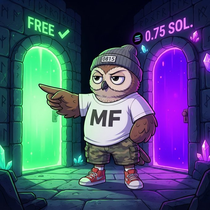 A cartoon illustration of an owl wearing a beanie, white 'MF' t-shirt, and camo shorts standing between two glowing doors—a green 'FREE ✓' door and a purple door labeled '0.75 SOL'.