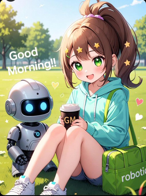 An anime-style illustration of a cheerful girl in a teal hoodie holding a coffee cup labeled 'GM' next to a small robot, with 'Good Morning!!' text in a sunny park setting.