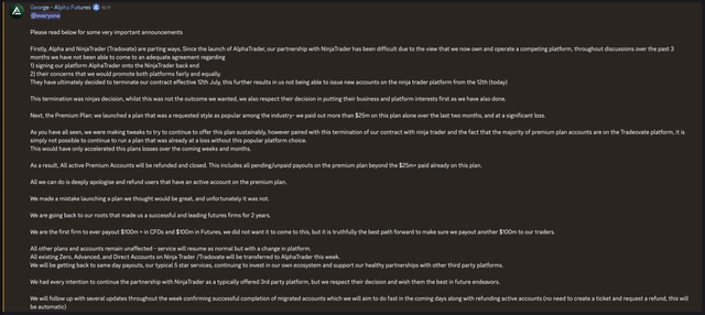 A Google document titled '@everyone' containing a message from the Alpha Futures team to the NinjaTrader community, announcing the termination of their partnership effective July 11th and a 2-year transition plan to reduce leverage to 25x.