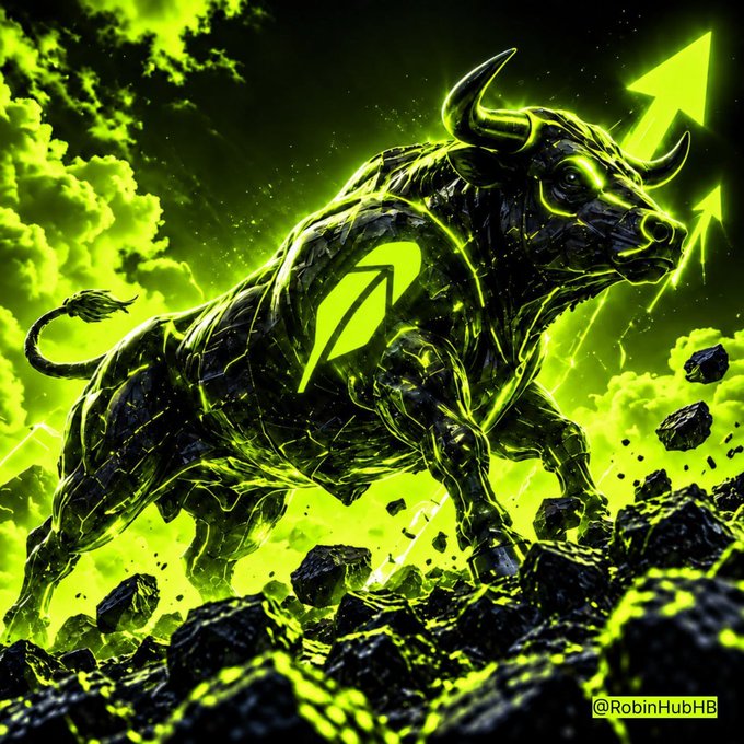 A powerful black bull with glowing neon green accents and an upward arrow on its shoulder charges through a stormy green landscape alongside rising stock arrows, symbolizing bullish momentum—posted by @RobinHubBH with the caption "Robinhood bulls are just getting started," visually reinforcing the message of a surging, unstoppable market rally.
