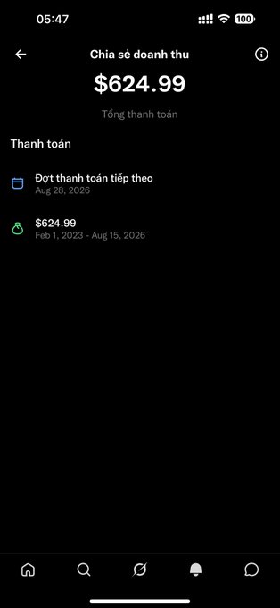 A mobile app screenshot displays 'Chia sẻ doanh thu' (Revenue Share) with a total of '$624.99' and a list of upcoming payments in Vietnamese.