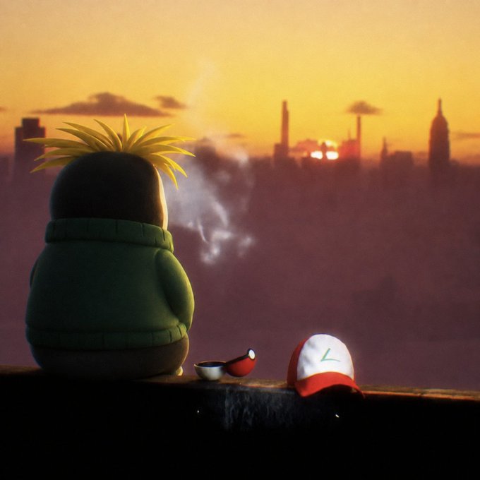 An artistic rendering shows a small plant-like character in a green sweater sitting on a ledge, looking out over a hazy cityscape at sunset.
