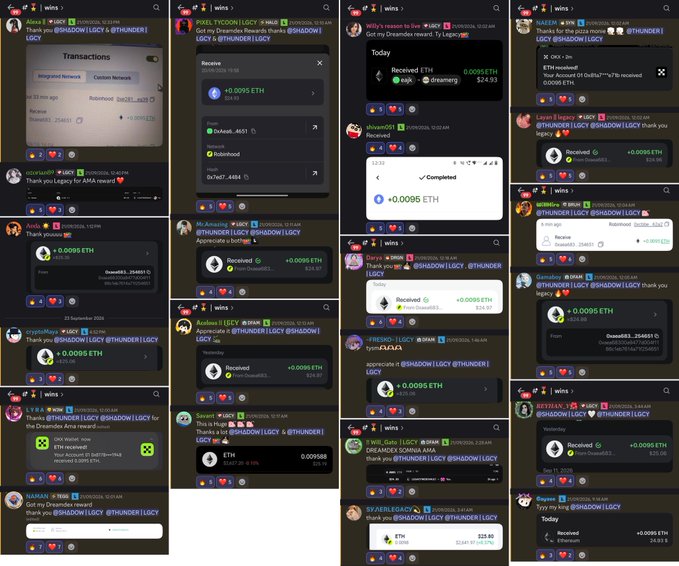 A collage of multiple screenshots showing Discord conversations with users receiving ETH transactions and rewards, referencing handles like LUCY, SHADOW, and THUNDER.