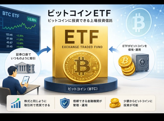 An infographic about Bitcoin ETFs (ビットコインETF) explains that they allow trading through securities accounts like stocks, are managed by trusted financial institutions, and enable small-scale Bitcoin investments. This relates to the post's news that U.S. spot Bitcoin ETFs experienced a record $4.51 billion net outflow in June 2024 since their January launch, with BlackRock's IBIT accounting for the majority at $3.55 billion.