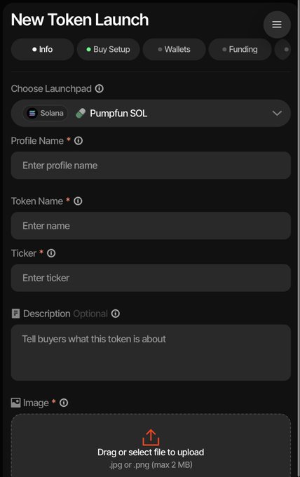 A dark-themed mobile or web interface for a 'New Token Launch' on the 'Pumpfun SOL' launchpad, featuring input fields for profile name, token name, ticker, description, and an image upload area.