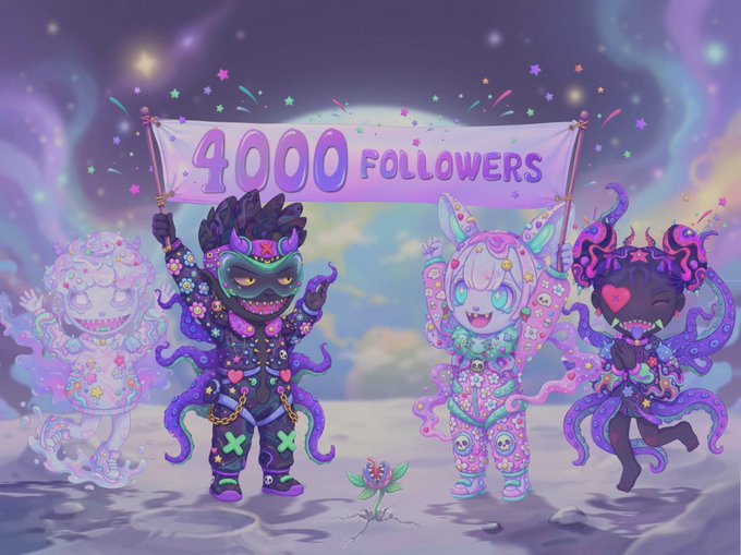 A colorful digital illustration featuring four whimsical, tentacled characters holding a banner that reads '4000 FOLLOWERS' against a pastel cosmic background.