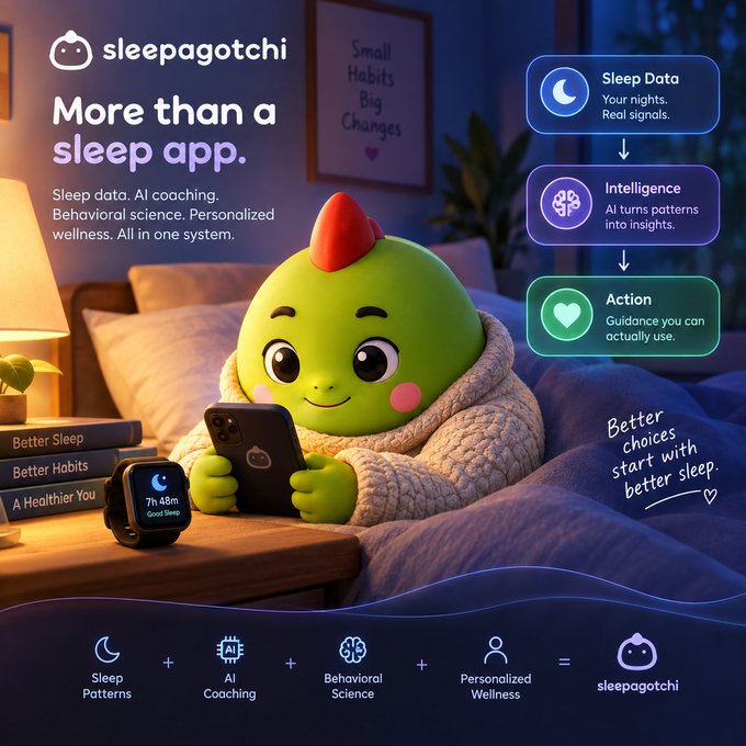 An advertisement for 'sleepagotchi' featuring a green, round character wearing a sweater and using a smartphone in bed. Text reads 'More than a sleep app' and highlights 'Sleep Data', 'Intelligence', and 'Action' features.
