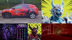 A collage of four images including a red and black SUV, a fantasy creature/dragon character, neon-lit scenes, and what appears to be game or crypto promotional content.