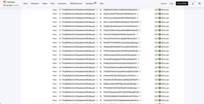 A TronScan blockchain explorer page showing multiple transactions of 5.67 TRX being sent from various addresses to 'TKy3BnRJ...', with the token ticker TRX visible.