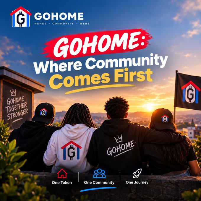A promotional graphic for 'GOHOME' (MEMES - COMMUNITY - WEB3) features the tagline 'Where Community Comes First,' showing five people in branded apparel viewed from behind watching a sunset, with icons for 'One Token,' 'One Community,' and 'One Journey.'