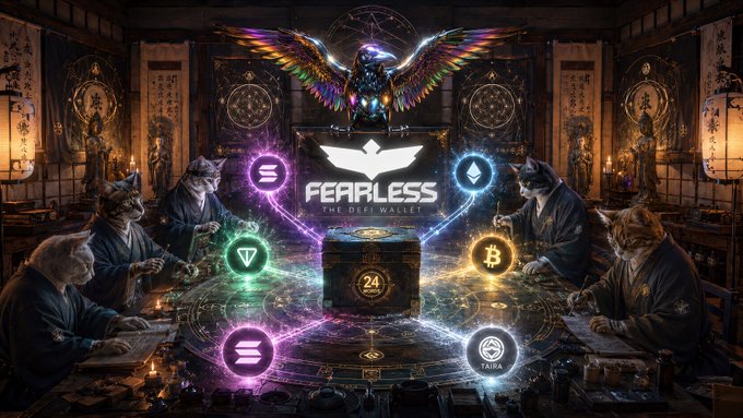 A mystical digital artwork showing the 'FEARLESS THE DEFI WALLET' logo with an iridescent winged creature above, surrounded by cats in traditional robes and cryptocurrency symbols (Bitcoin, Ethereum, etc.) glowing in colored circles.