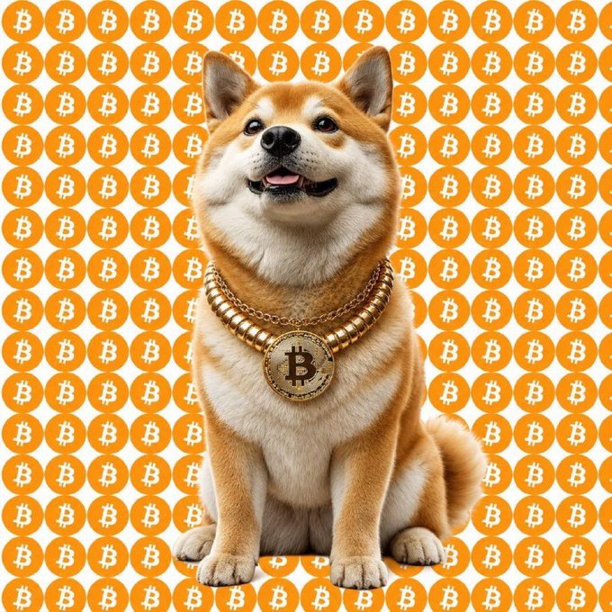 A Shiba Inu dog wearing a gold Bitcoin medallion on a beaded chain sits smiling against a backdrop of repeating orange Bitcoin logos.