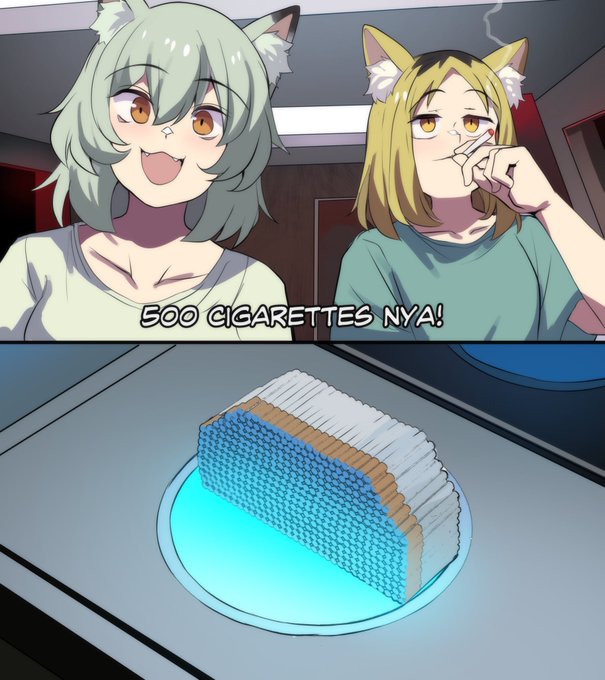 An anime-style meme shows two cat-girls reacting with the caption "500 CIGARETTES NYA!" above an image of a massive brick constructed from hundreds of cigarettes on a plate.