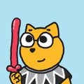 A pixel art animation of a yellow cat-like character in armor holding a red sword against a light blue background.
