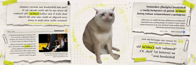 A white cat sitting on a background collage of newspaper clippings with inverted text and highlighted words like 'Nobel order' and 'order his'.