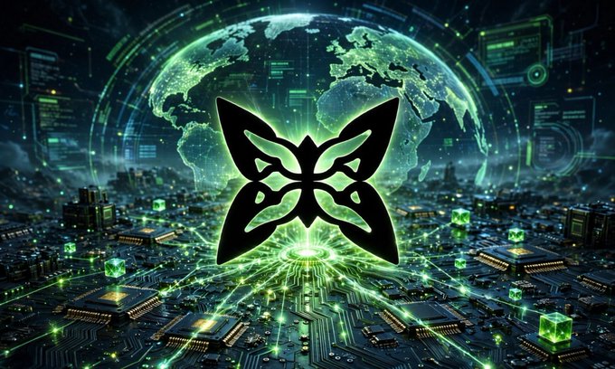 A futuristic digital artwork shows a black butterfly-shaped logo with green glowing eyes and wing accents, set against a backdrop of a glowing globe and circuit board with green holographic data.