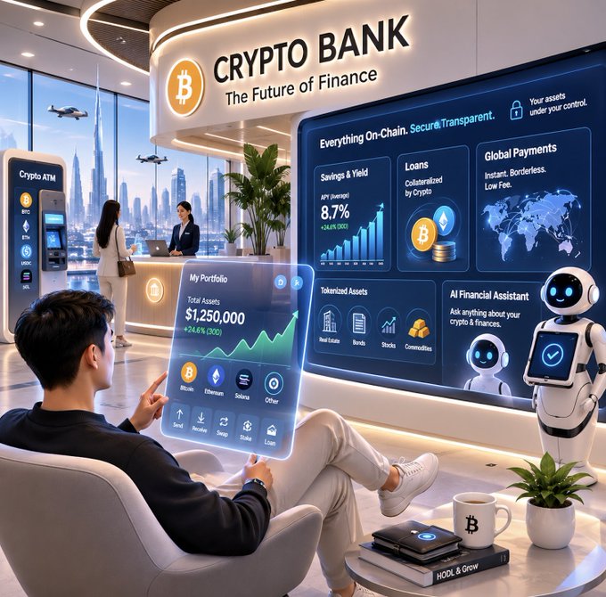 A futuristic 'Crypto Bank – The Future of Finance' scene showing a customer reviewing a digital portfolio of $1,250,000 with services like Savings & Yield (APY 8.7%), Loans, Global Payments, and an AI Financial Assistant robot.