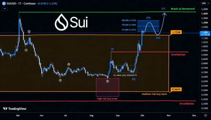 A TradingView daily chart of SUI/USD (Coinbase) showing Sui's price near $1.01 after a -1.21% decline, with technical analysis marking a completed wave structure, an "invalidation" zone at $0.4634, a "medium risk buy-zone," and a projected "Break of downtrend" targeting the 200% Fibonacci extension at $1.3193, supporting the post's claim that SUI will break its downtrend and rally from the $1.43 level.