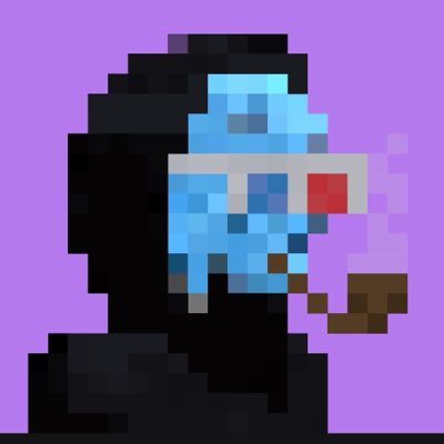 Pixel art depiction of a character with blue skin wearing white and red 3D-style glasses and smoking a pipe against a purple background.