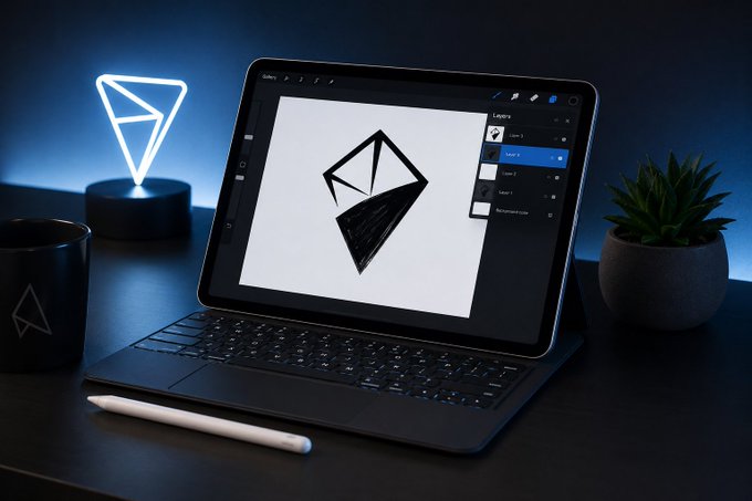 An iPad displays a digital NFT illustration in a drawing app, accompanied by a stylus and a glowing blue NFT-shaped neon lamp on a dark desk. The image visually represents the creative digital art aspect of NFTs, aligning with the post's message about NFTs gaining new DeFi utility through JustLendDAO on the TRON network.