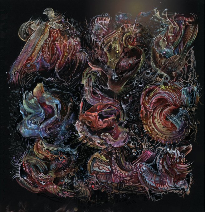 A dark, abstract painting features swirling, biomorphic shapes in vivid reds, blues, and purples with intricate textures resembling flesh and marine life against a black background.