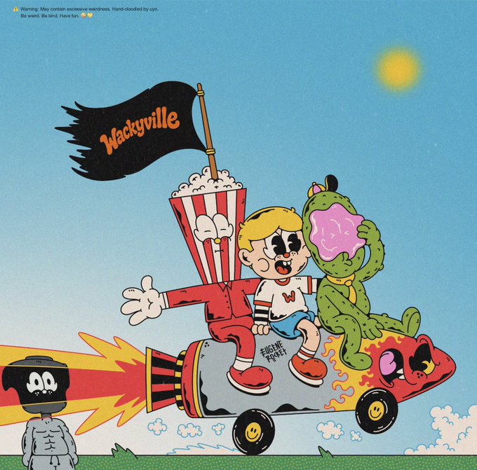 A retro-style cartoon illustration titled 'Wackyville' featuring a popcorn box, popcorn bucket character, boy, and dinosaur riding a rocket-powered car, with a warning about excessive weirdness.