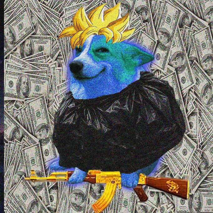 A colorful illustration of a blue dog-like figure with golden spiky hair holding a gold-plated AK-47 rifle, set against a background of scattered US dollar bills.