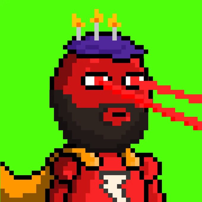 A pixel art portrait of a red-skinned king with a long pointed nose, a dark beard, a purple crown topped with three candles, wearing a red and gold royal robe against a bright green background.
