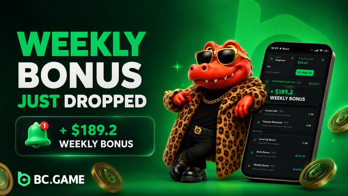 A BC.GAME advertisement featuring a red crocodile mascot in sunglasses and a leopard-print coat, promoting a Weekly Bonus of +$189.2 alongside a smartphone displaying the BC.Game app interface.