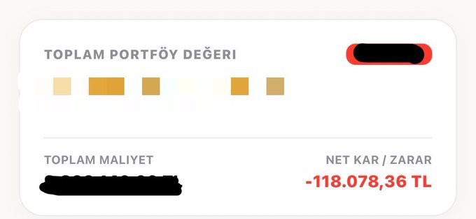 The image shows a Turkish investment portfolio summary displaying "TOPLAM PORTFÖY DEĞERİ" (Total Portfolio Value) with the value blacked out, "TOPLAM MALİYET" (Total Cost) also redacted, and a "NET KAR / ZARAR" (Net Profit/Loss) of -118,078,36 TL, humorously illustrating the "us" side of the joke by showing a devastating investment loss rather than the expected honey-like gains.