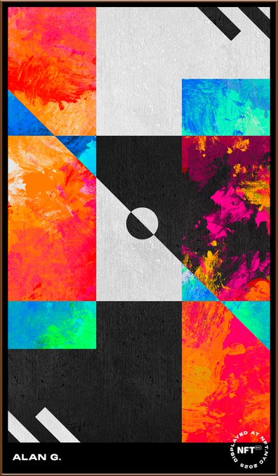 An abstract geometric artwork titled 'ALAN G.' combines bright, colorful paint-splattered textures with black, white, and gray squares, accented by a black-and-white eye graphic and a 'Hand Aid to Drop Off NFT' seal.
