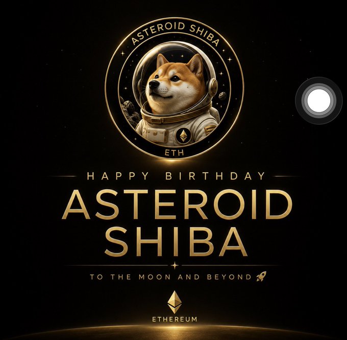 A gold and black graphic featuring a Shiba Inu in an astronaut helmet with the text "ASTEROID SHIBA - HAPPY BIRTHDAY - TO THE MOON AND BEYOND - ETH (Ethereum)."