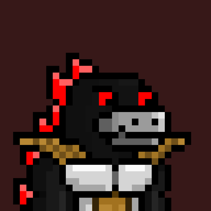 Pixel art illustration of a dark figure with a grey skull-like mask and red accents, holding a sword, against a brown background.