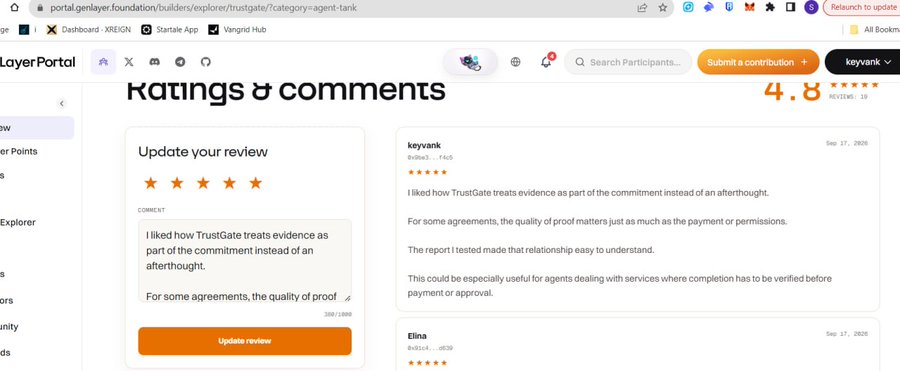 GenLayer Portal Trustgate ratings page showing 4.8 stars (19 reviews) with user keyvank leaving a 5-star review praising how TrustGate treats evidence as part of the commitment.