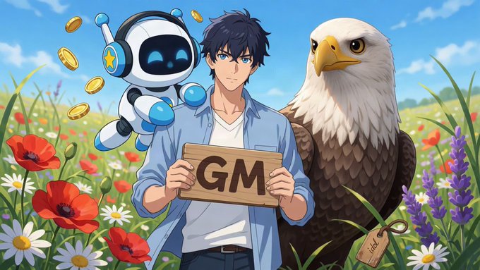 Anime-style illustration of a young man holding a wooden 'GM' sign in a flower field, accompanied by a blue robot companion with floating coins and a bald eagle.