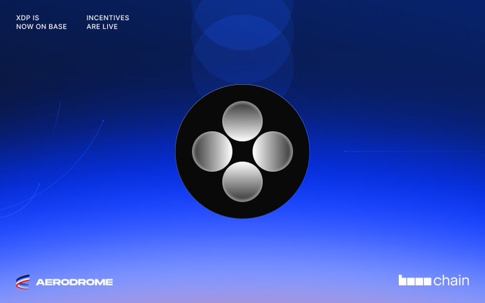 A promotional graphic with a blue gradient background featuring a metallic circular logo and text reading "XDP IS NOW ON BASE" and "INCENTIVES ARE LIVE," along with logos for Aerodrome and Base chain.