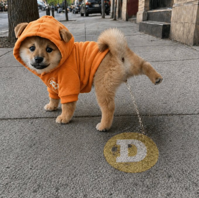 A Shiba Inu dog wearing an orange Bitcoin hoodie is urinating on a gold Dogecoin symbol painted on a city sidewalk.
